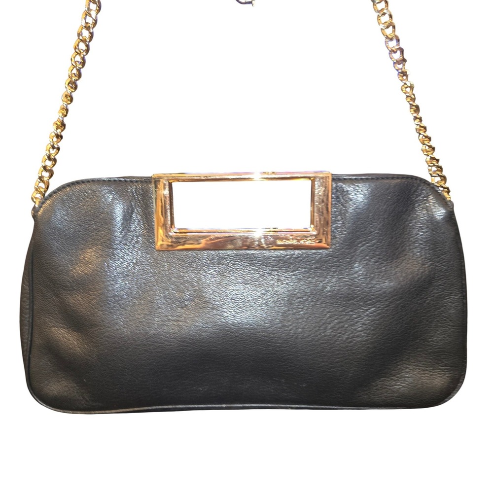 Michael Kors Berkley Clutch Women Black Leather Gold Chain Strap Bag 11"X7"X1.5" - Picture 2 of 11